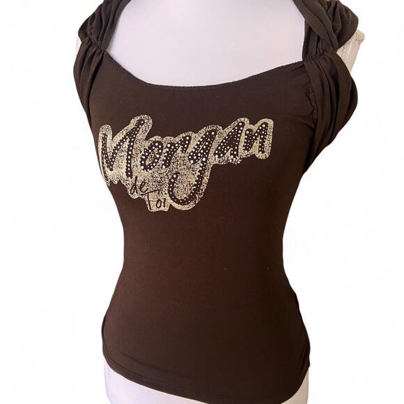 Morgan de Toi Paris Y2K Brown Rhinestone Logo Stretch Top Size XS France - Picture 3 of 8